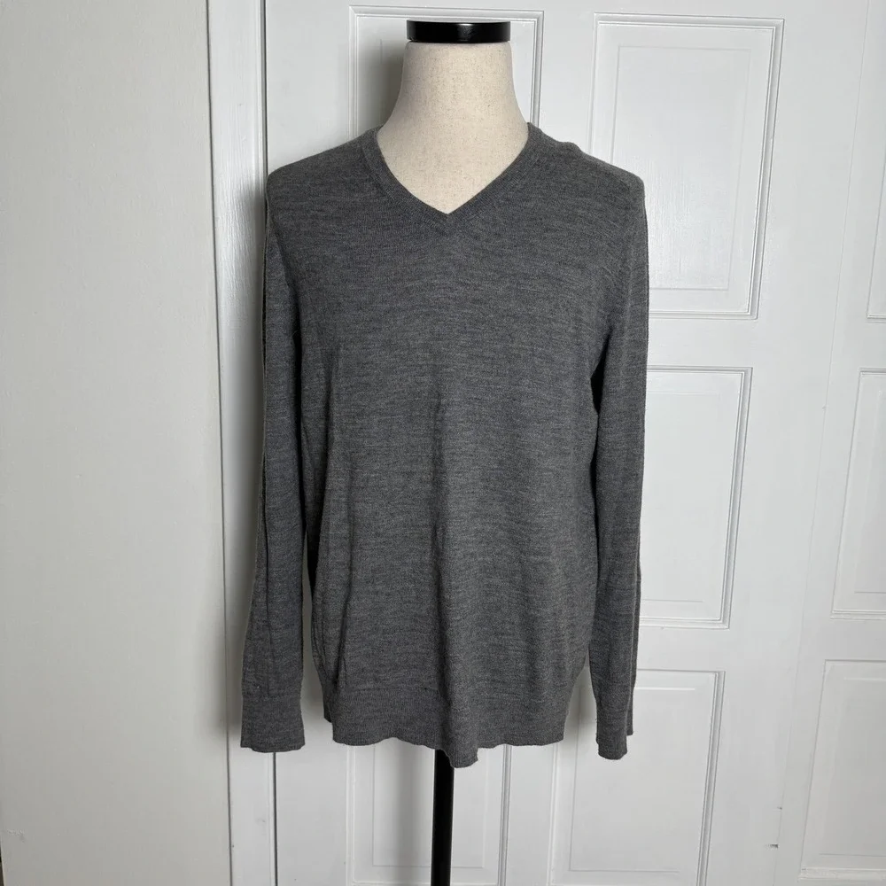 Express Sweater Mens Large Gray V Neck Merino Wool Blend‎ Lightweight Pullover